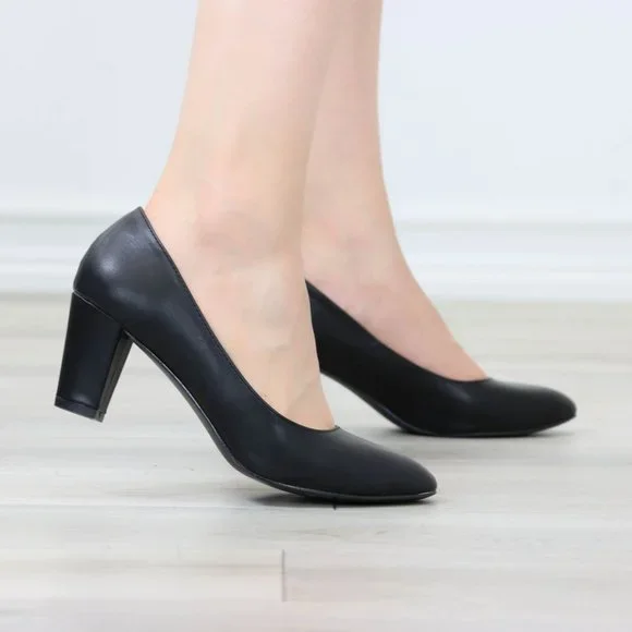 Classic Block Low Heel Pumps Slip On Round Toe Women's Black Shoes - Picture 5 of 12